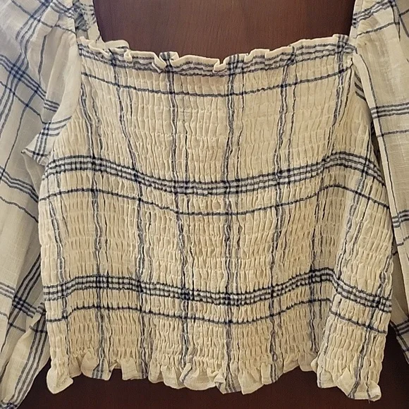 Zara | Plaid Long Sleeve Crop Top with Smocking At Chest 100% Cotton - M - Picture 3 of 10